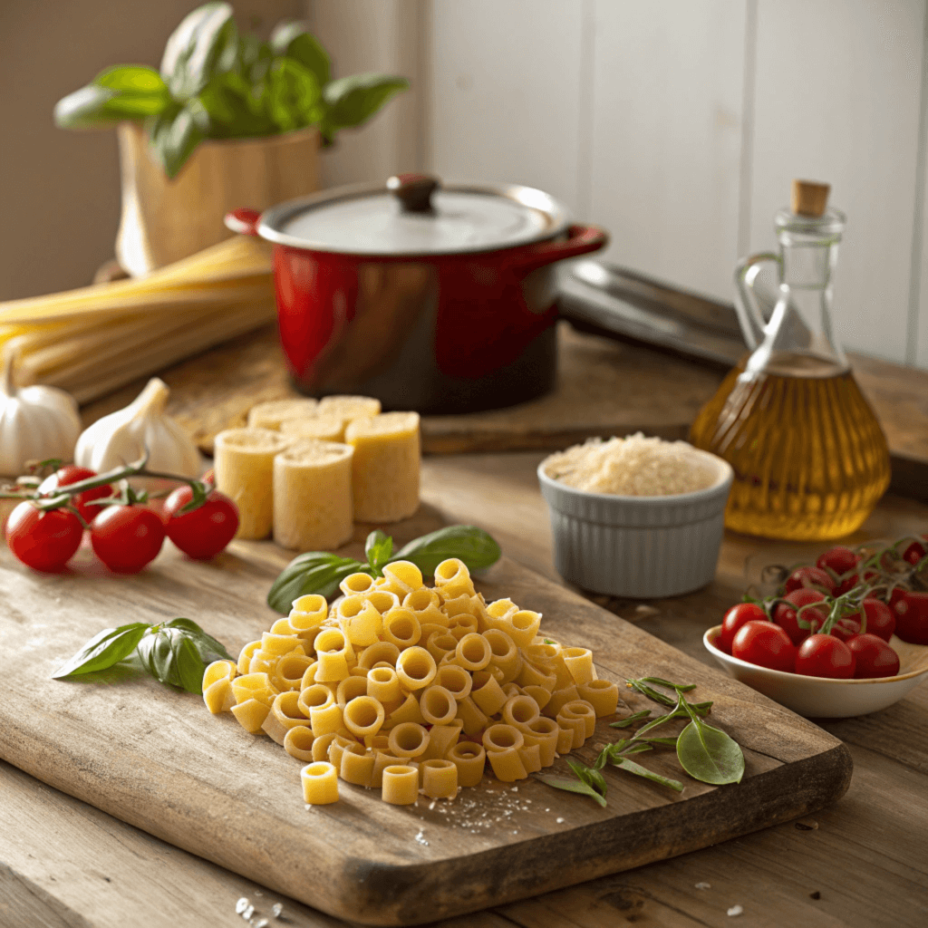 A rustic setup showing raw ditalini pasta on a wooden board surrounded by tomatoes, basil, olive oil, garlic, and a red cooking pot.