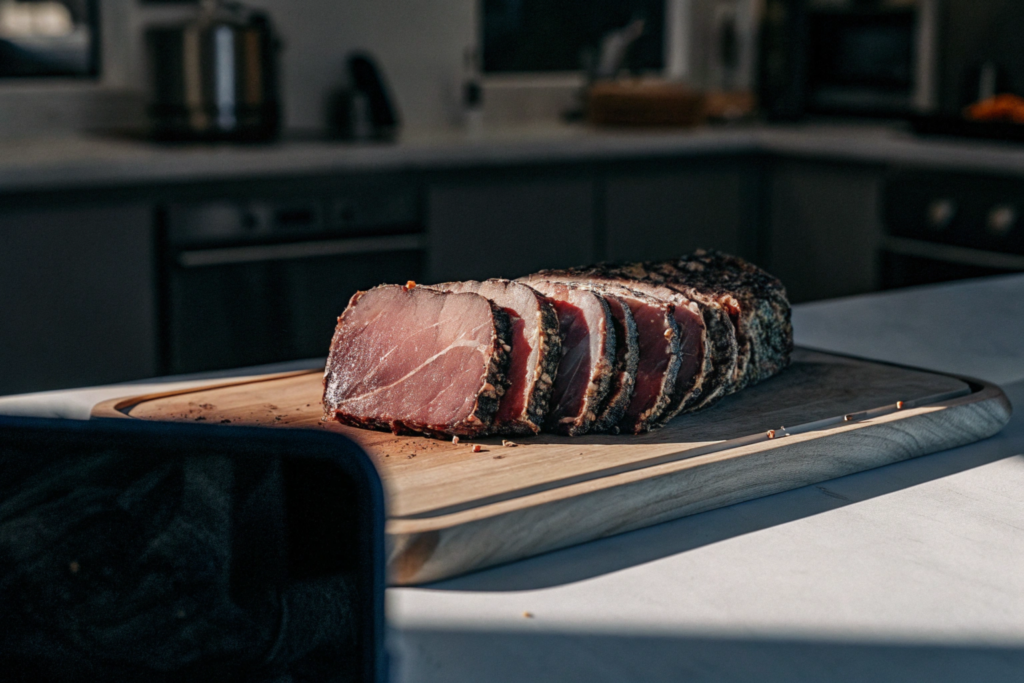 A close-up of thinly sliced dried beef on a wooden cutting board.