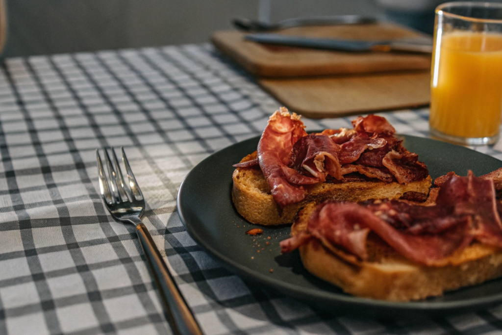 A plate of toast with crispy dried beef on a checkered tablecloth.