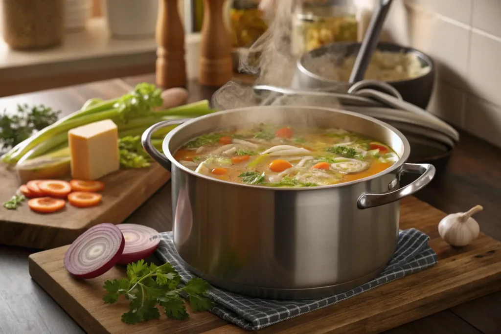 A large stockpot of chicken soup simmering with vegetables like carrots, celery, and parsley.