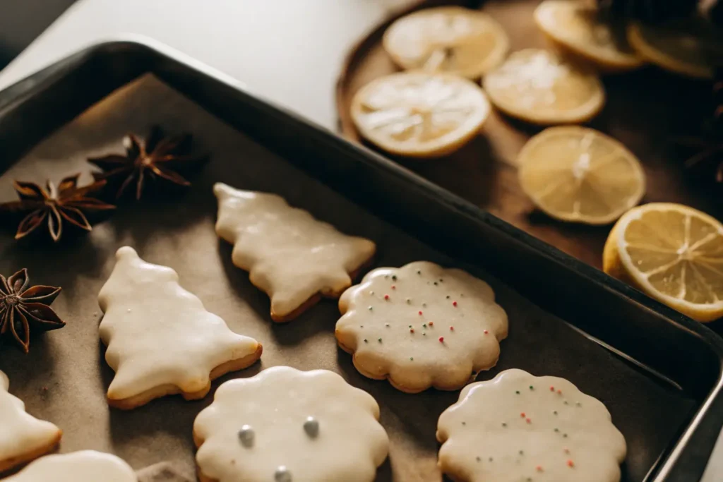 A baking tray with freshly baked Christmas Anise Cookies decorated with icing and sprinkles, with star anise and lemon slices in the background.