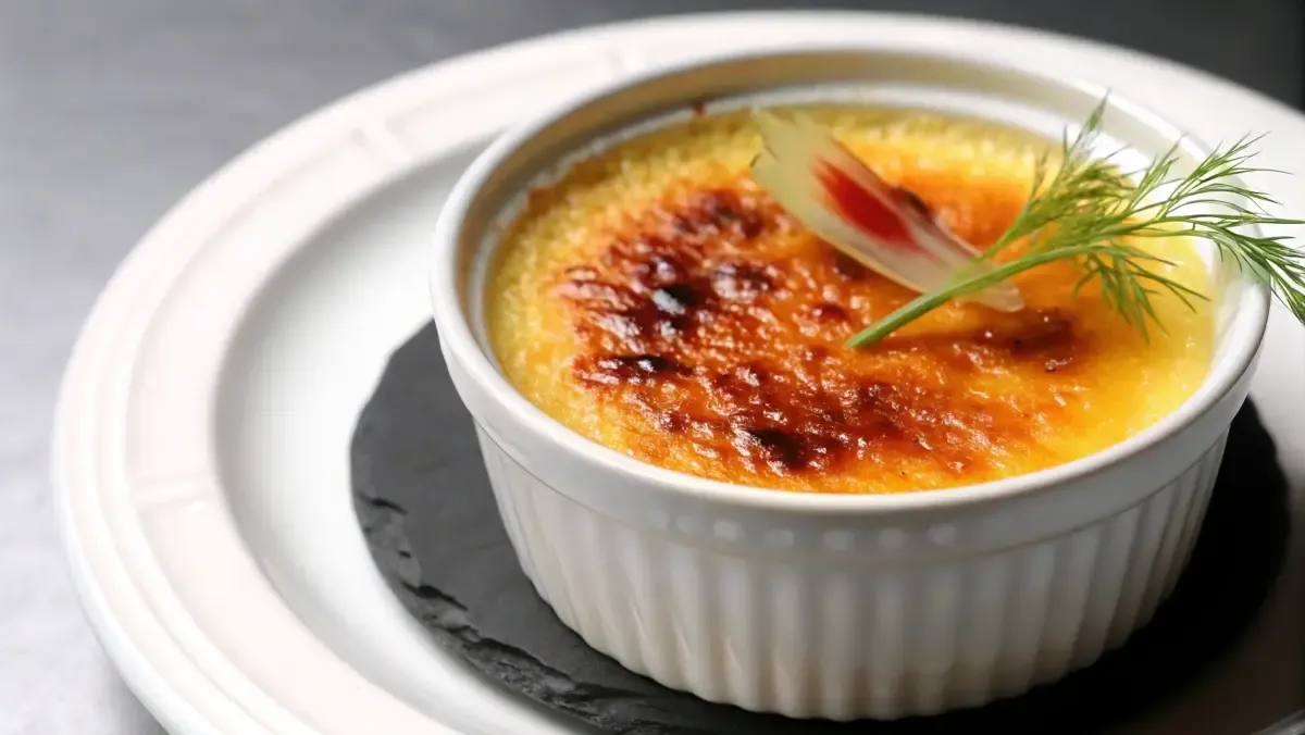  A single crème brûlée garnished with fennel and a delicate flower, served on a slate plate.