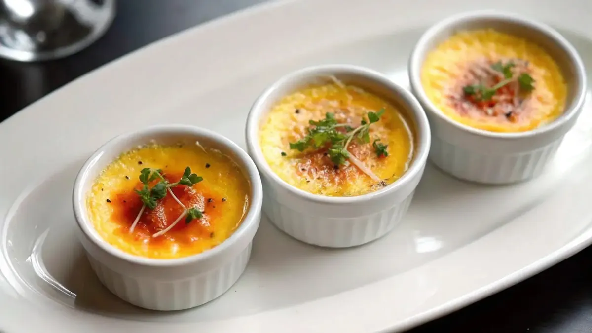 Three ramekins of crème brûlée garnished with fresh herbs on a white plate.