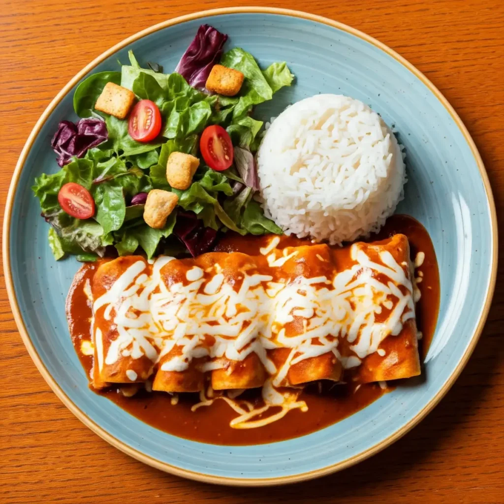 A plate of freshly baked enchiladas with melted cheese, served with rice and a green salad.