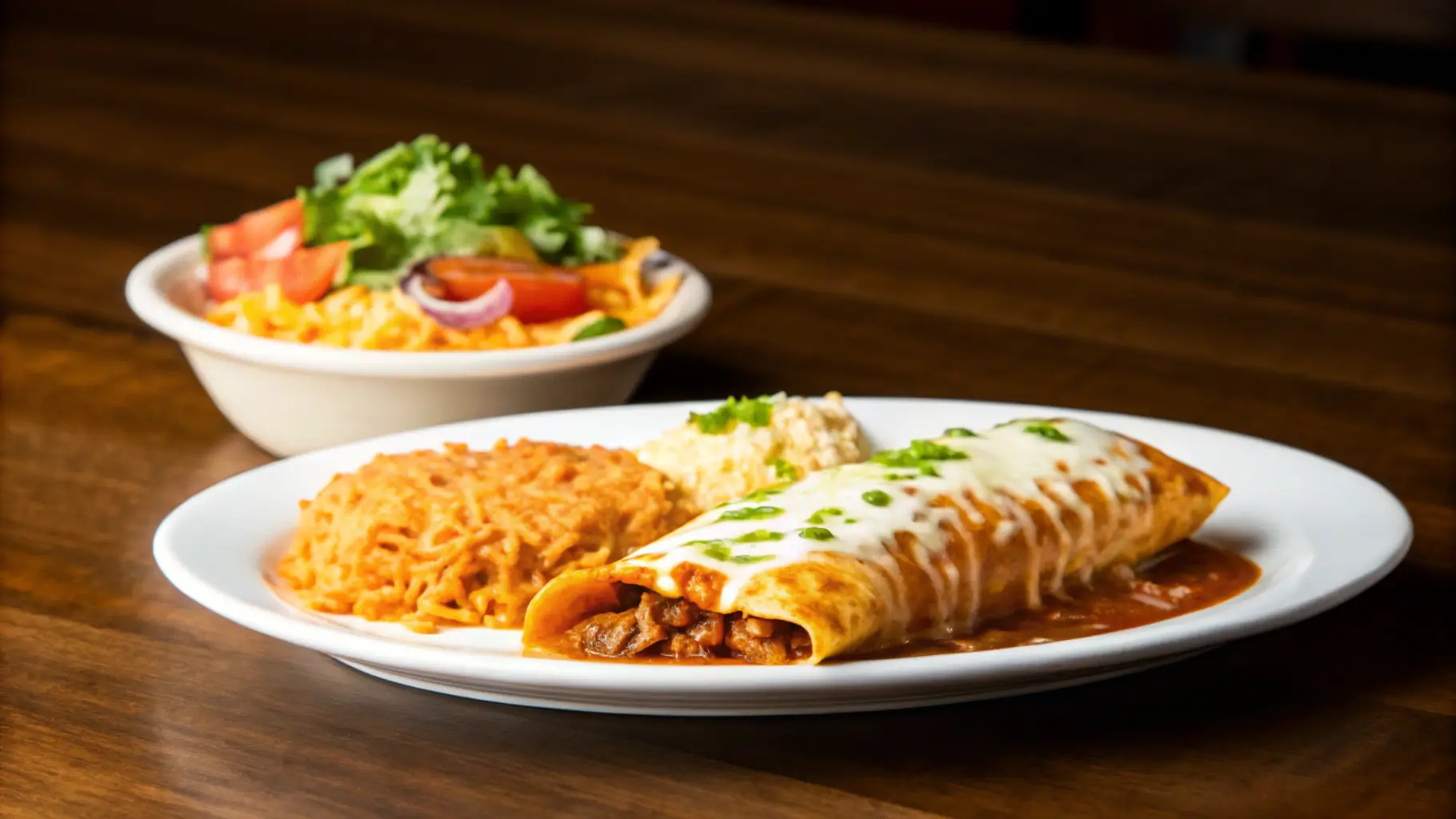 A close-up of cheesy enchiladas served with Mexican rice and fresh salad.