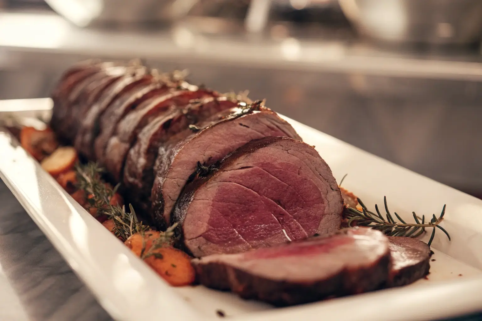 Tender venison roast sliced and arranged on a white serving platter with herbs and carrots.