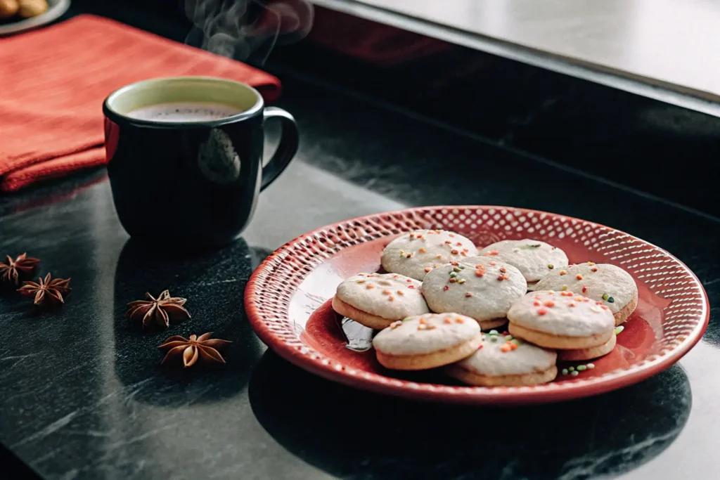 A plate of anise cookies with a cup of hot chocolate and star anise on a counter.