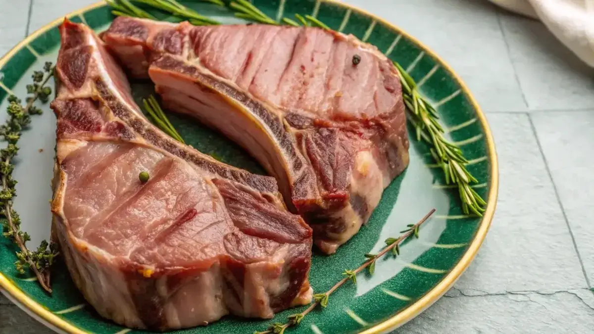 Raw veal chops displayed on a green plate with sprigs of rosemary and thyme.