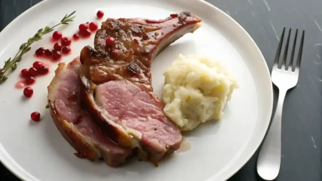 Cooked veal chop served with mashed potatoes and garnished with cranberries and thyme.