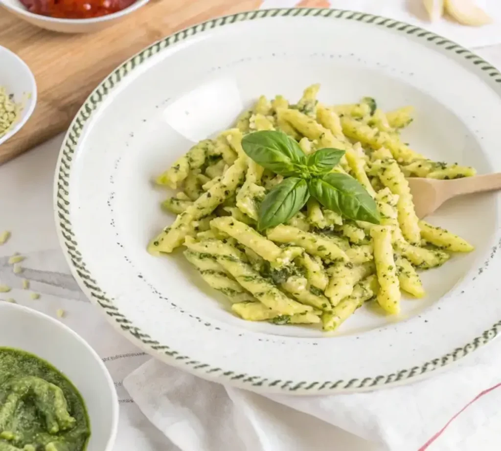 Trofie pasta in pesto sauce, garnished with fresh basil and grated cheese on a white plate.