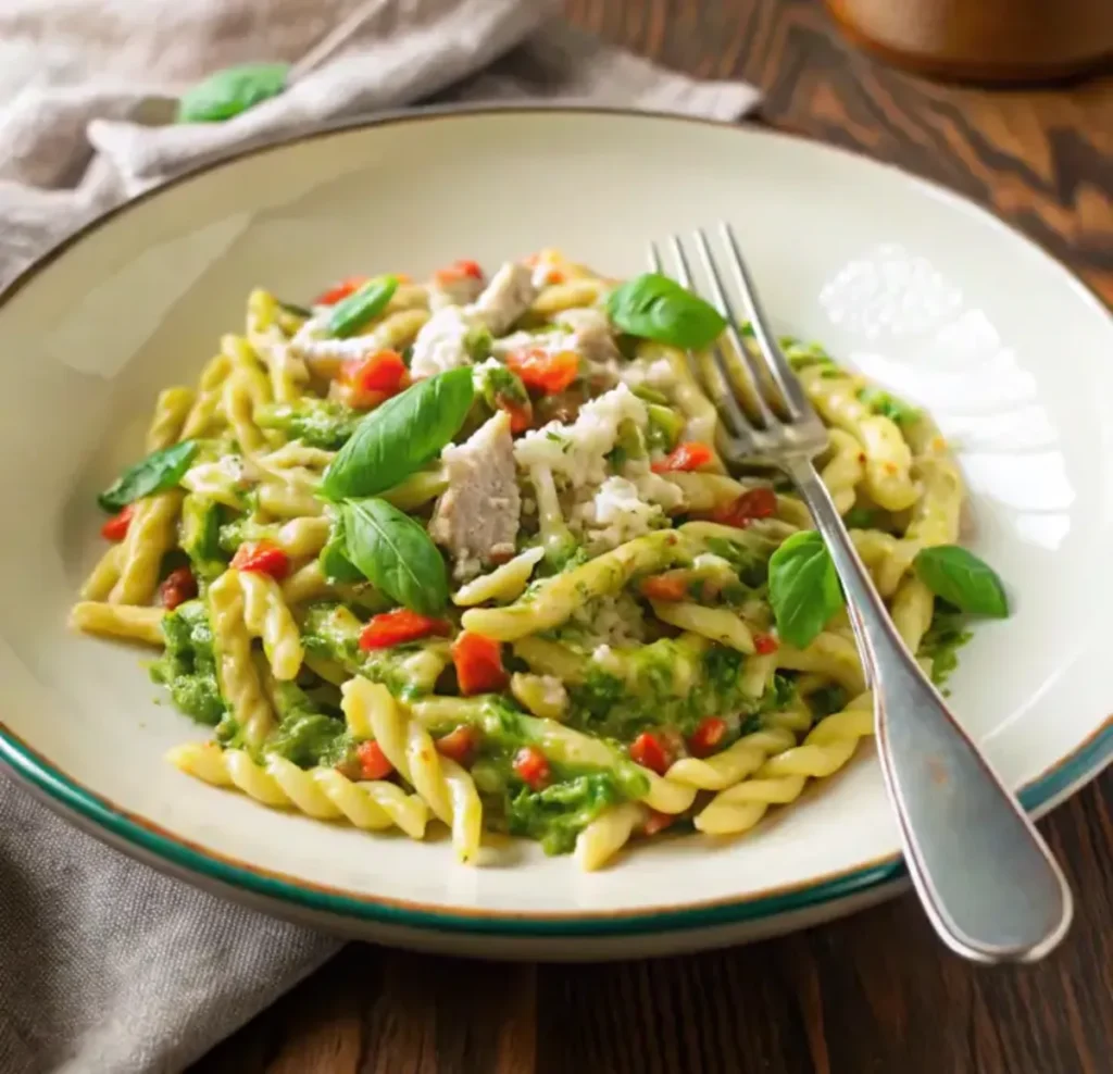 Trofie pasta with pesto sauce, diced tomatoes, and shredded chicken, garnished with fresh basil.