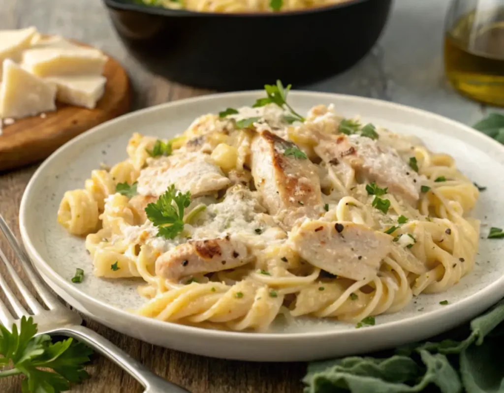 Garlic Parmesan Chicken Pasta with creamy sauce and fresh parsley garnish.