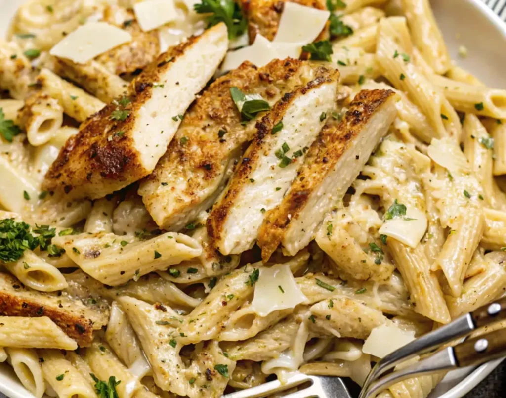 Garlic Parmesan Chicken Pasta with grilled chicken and parmesan shavings.