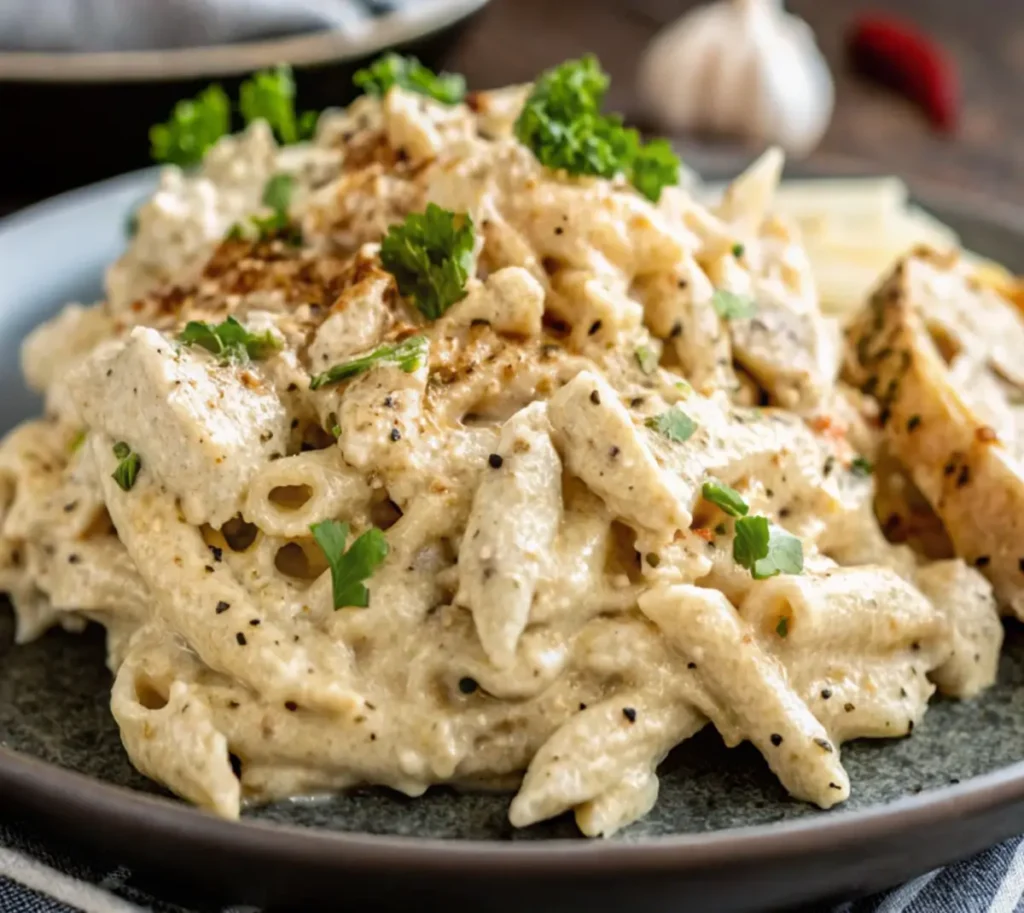 Close-up of creamy penne pasta with garlic parmesan sauce and chicken.