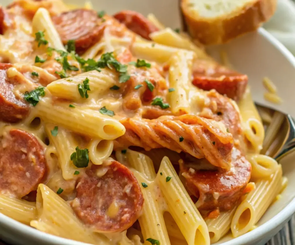 Creamy kielbasa pasta with penne and garnished with parsley