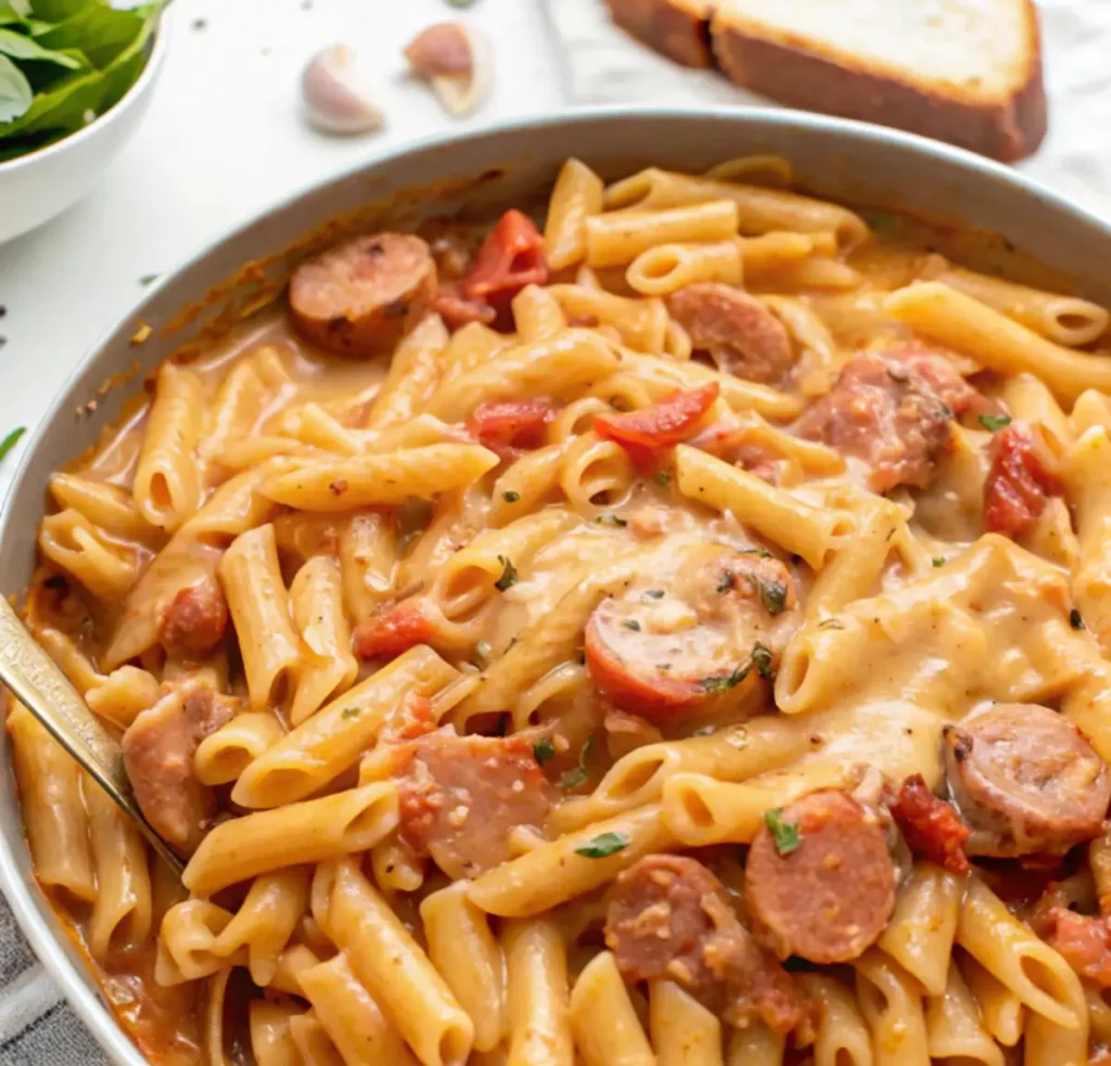 One-pan creamy kielbasa pasta with tomatoes and penne