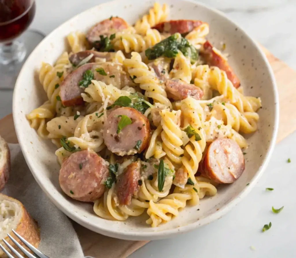 Kielbasa pasta with rotini and fresh herbs on a white plate