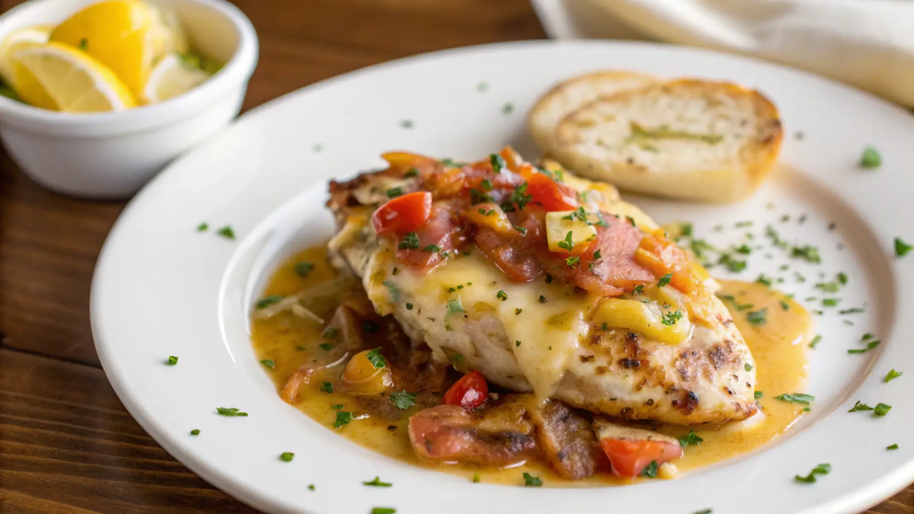 Classic Alice Springs Chicken plated with melted cheese, crispy bacon, diced tomatoes, and fresh parsley garnish.