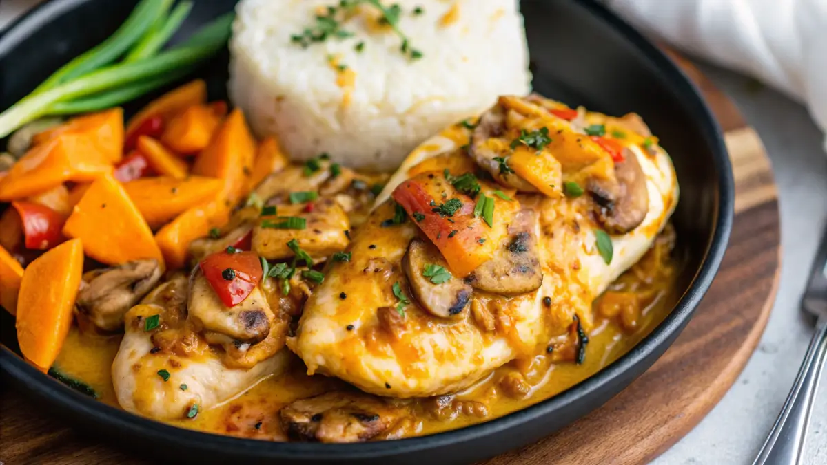 Alice Springs Chicken served on a black plate with sautéed mushrooms, melted cheese, and honey mustard sauce, accompanied by rice and carrots.