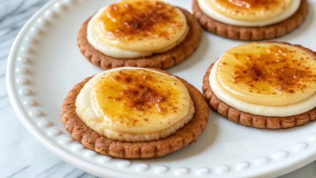  Four golden-brown cookies topped with creamy custard and caramelized sugar on a white ceramic plate.