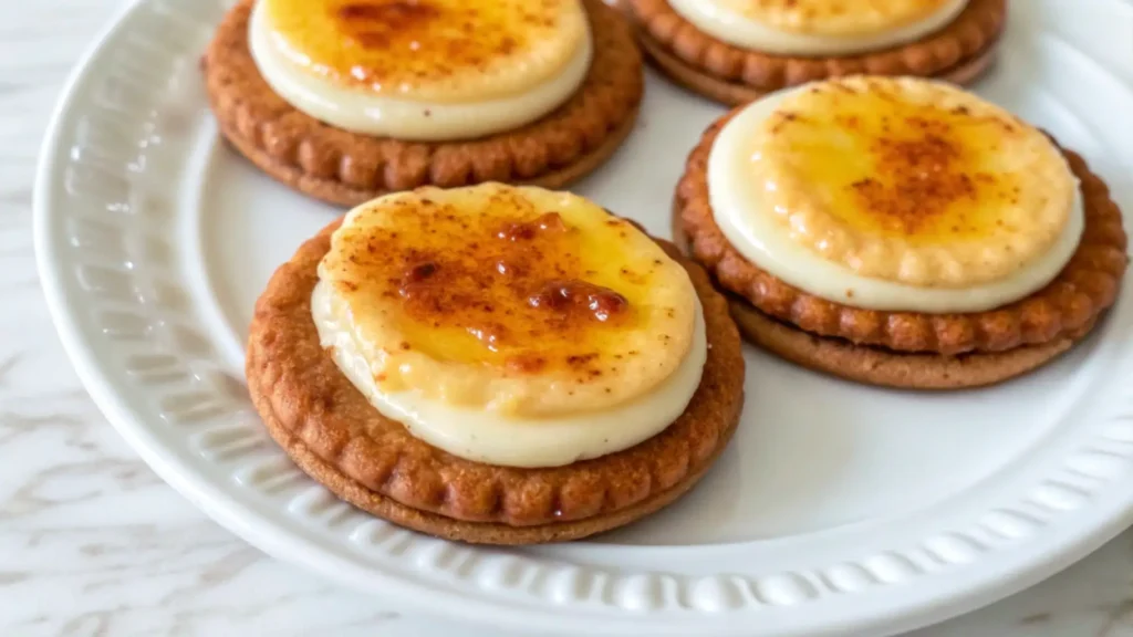 Close-up of caramelized custard cookies with golden sugar glaze on a decorative white plate.