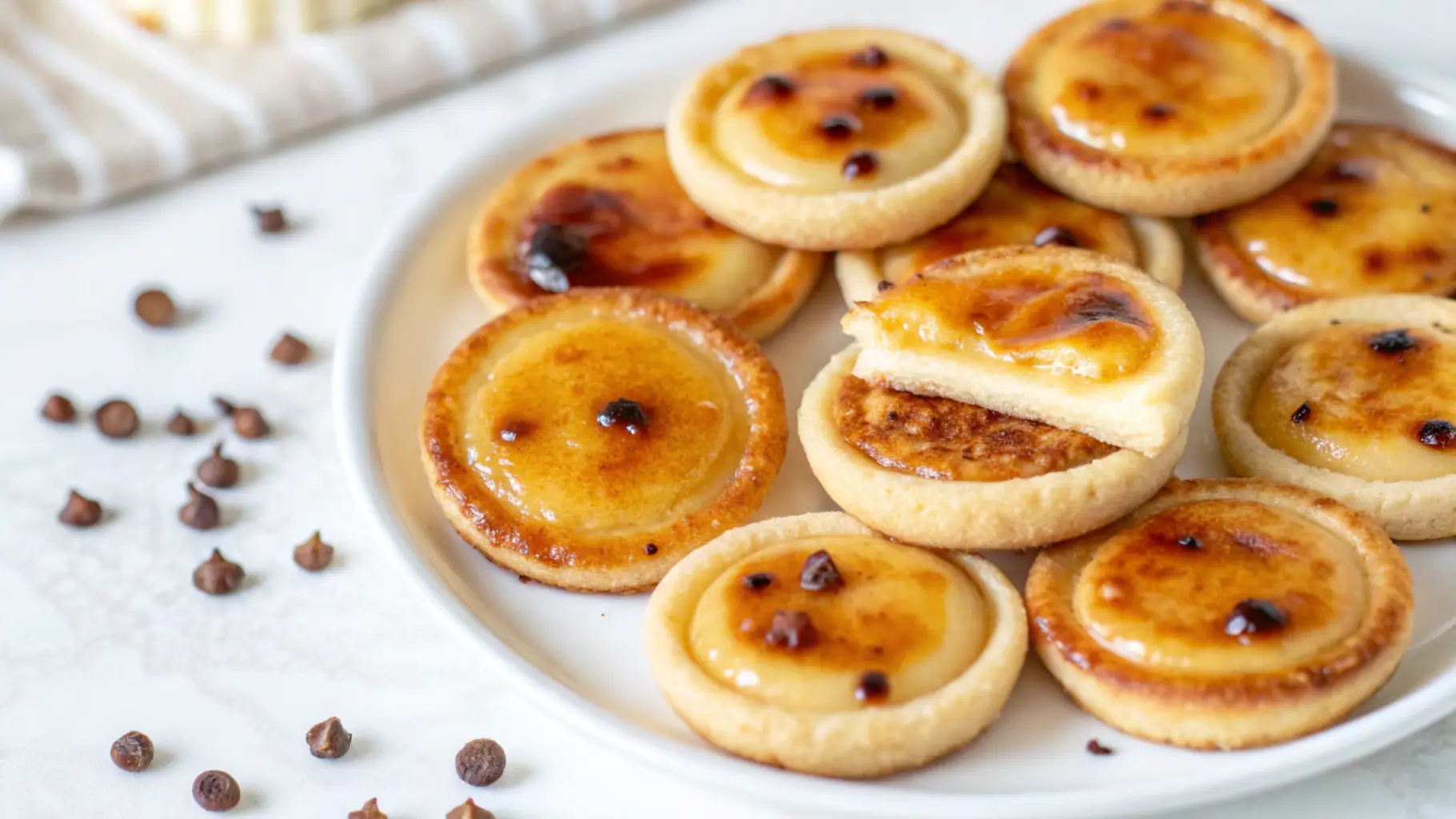 A plate of small golden baked tartlets with a creamy custard filling, caramelized on top, surrounded by scattered chocolate chips on a light background.