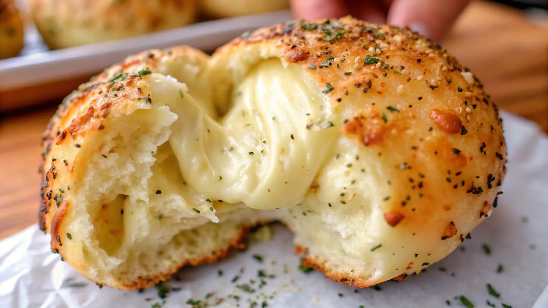 Close-up of a split mozzarella biscuit bomb, revealing gooey melted cheese inside, topped with garlic seasoning and herbs.