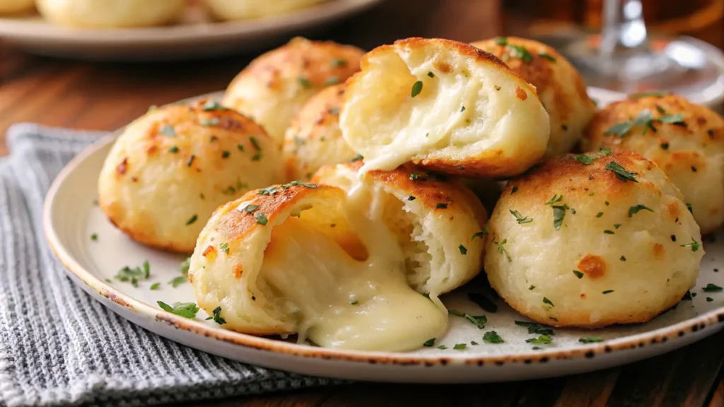 Gooey mozzarella biscuit bombs, golden brown with melted cheese oozing out, sprinkled with fresh parsley on a plate.