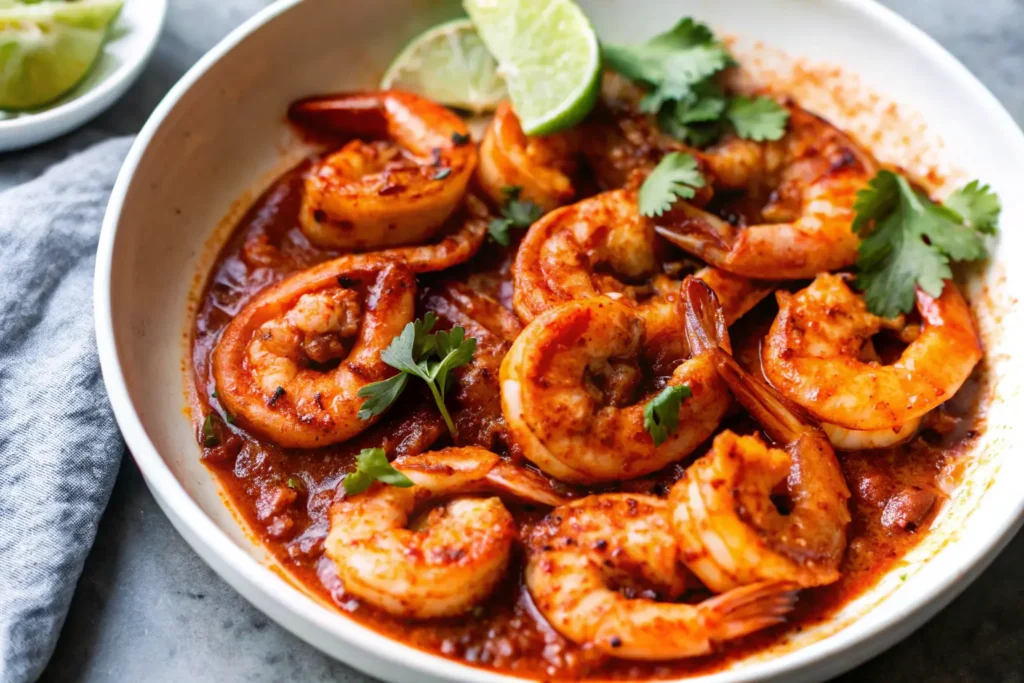 A bowl of Camarones a la Diabla garnished with fresh cilantro and lime wedges, featuring plump shrimp coated in a rich red chile sauce.