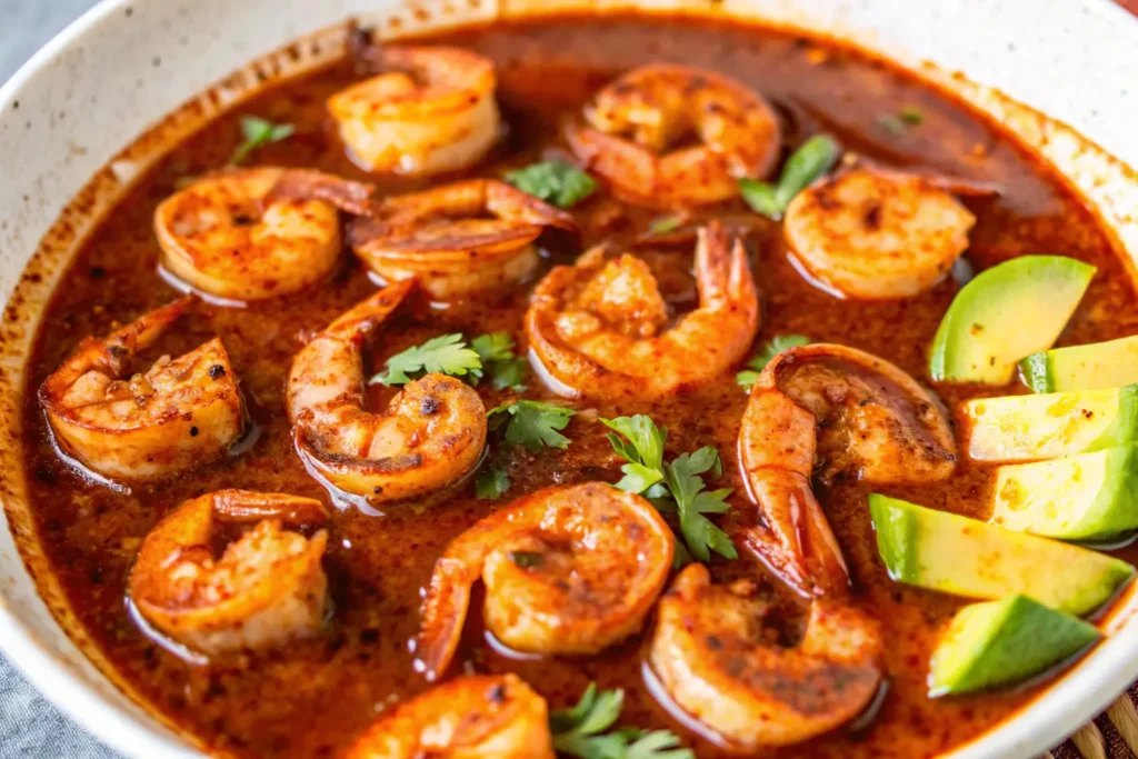 A serving of Camarones a la Diabla in a rich red sauce, accompanied by slices of fresh avocado and garnished with cilantro leaves.