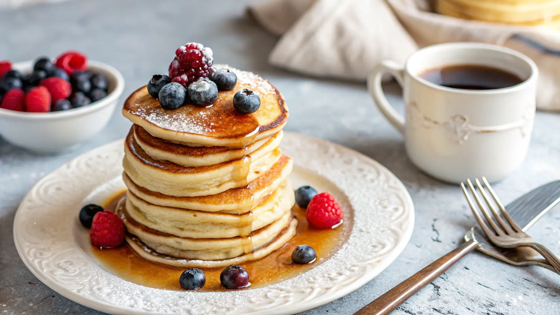 A plate of silver dollar pancakes topped with syrup, berries, and powdered sugar.