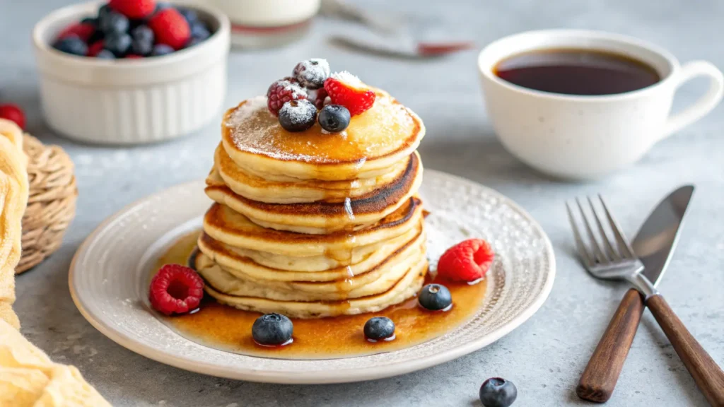 A stack of silver dollar pancakes topped with syrup, fresh berries, and a side of coffee.