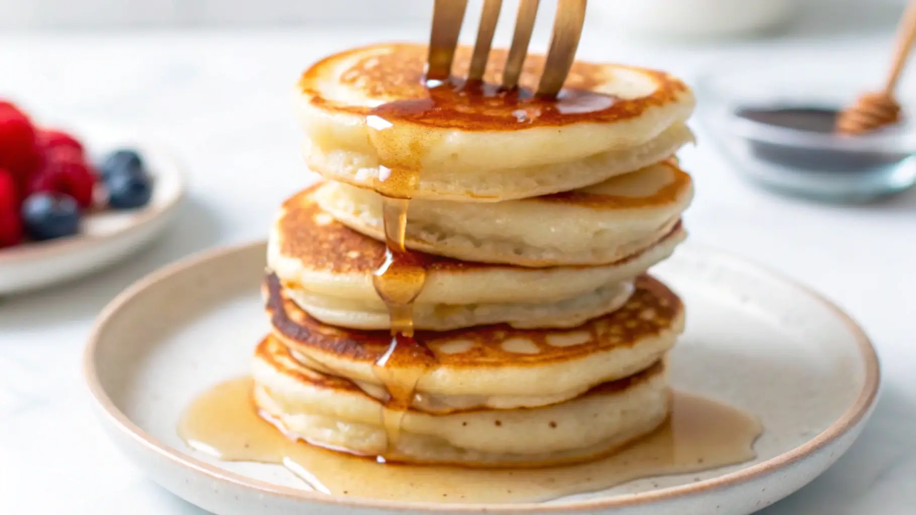 A stack of golden silver dollar pancakes drizzled with syrup, with a fork piercing the top pancake.