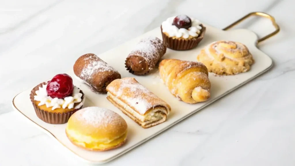  A selection of Italian pastries including cannoli, mini fruit tarts, and powdered sugar-coated treats arranged on a serving tray.