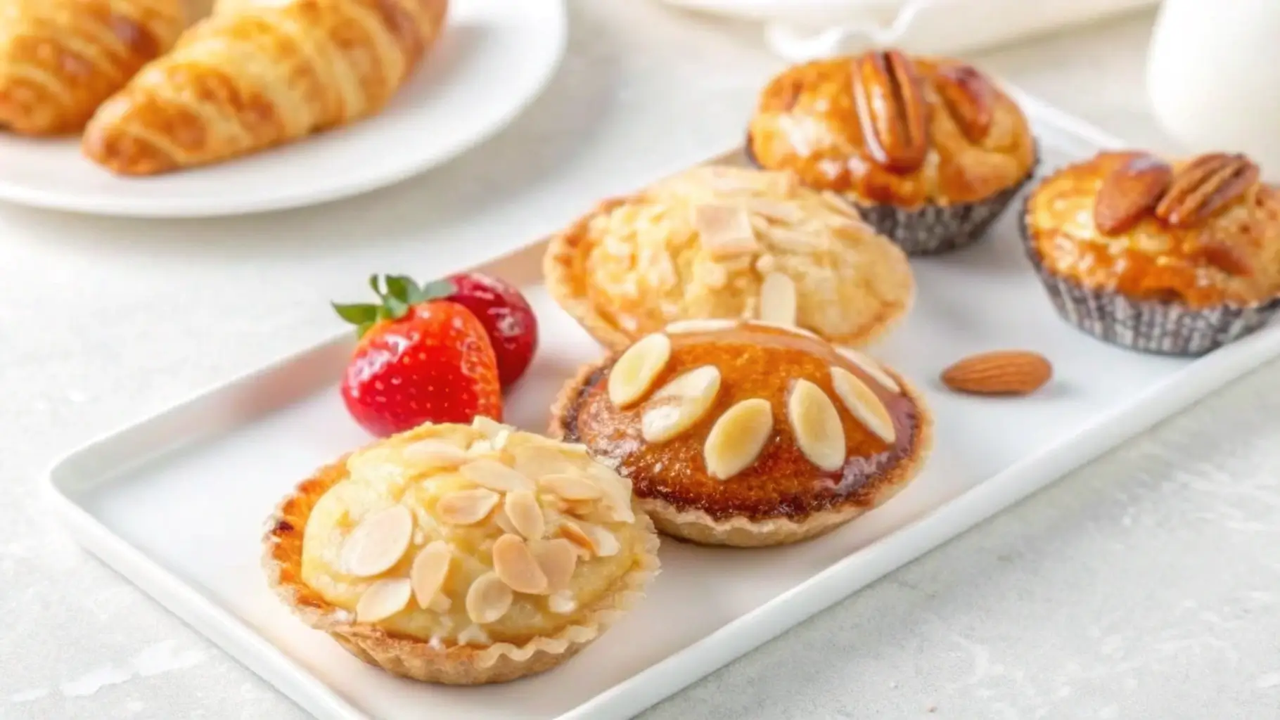 A tray of Italian almond tarts topped with sliced almonds and pecans, paired with fresh strawberries and croissants in the background.