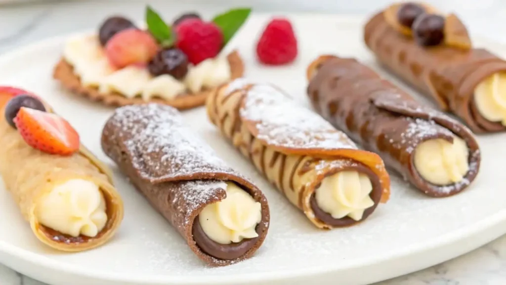 Chocolate and vanilla cannoli dusted with powdered sugar, served alongside fresh fruit tarts and garnished with berries.