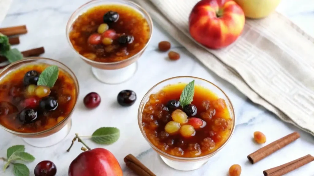 Glass bowls of Swedish Fruit Soup topped with grapes and mint leaves, placed alongside apples, cinnamon sticks, and raisins.