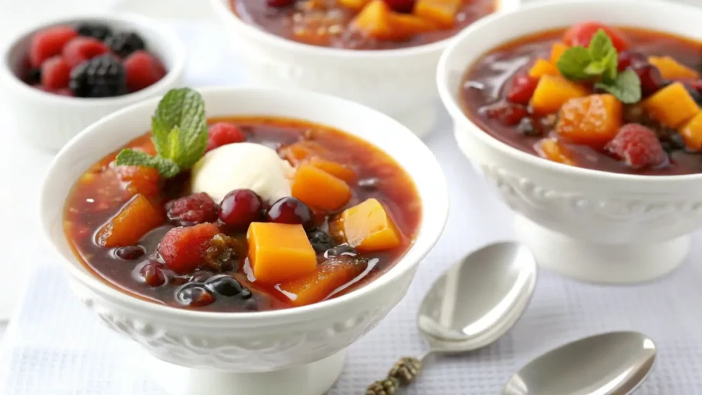 A bowl of Swedish Fruit Soup garnished with mint leaves and a dollop of cream, surrounded by fresh fruits and spoons.