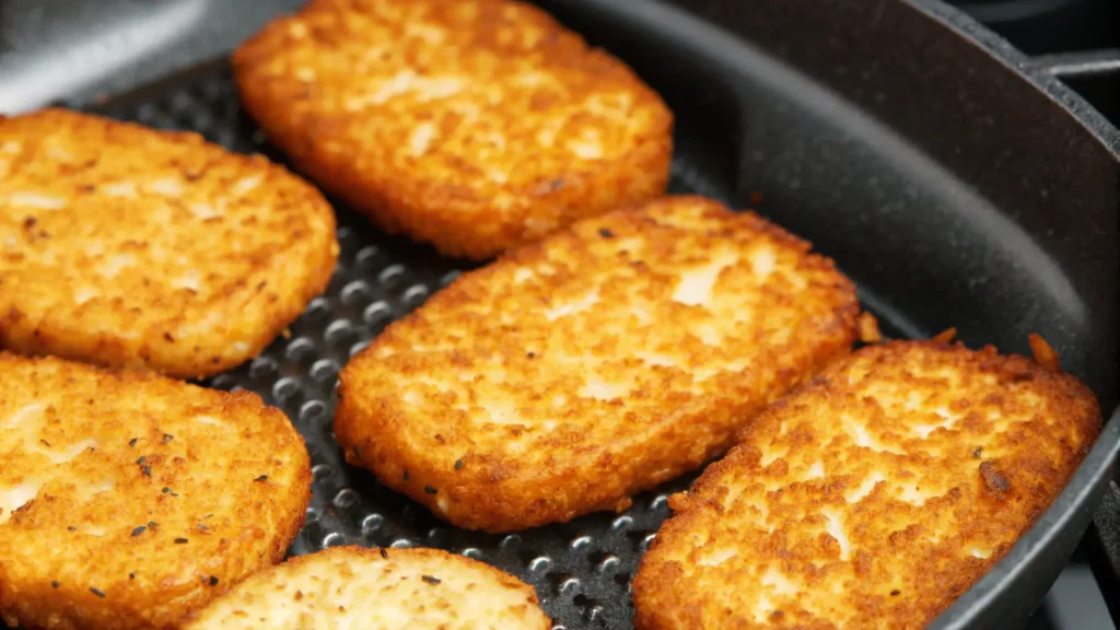 Crispy golden hash brown patties in an air fryer tray.