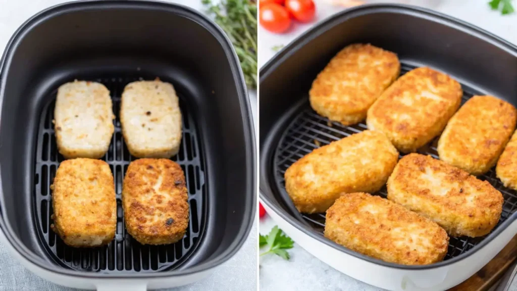 Hash brown patties before and after air frying in a fryer basket.