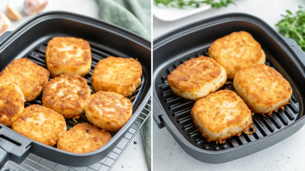 Crispy hash brown patties arranged in an air fryer basket.