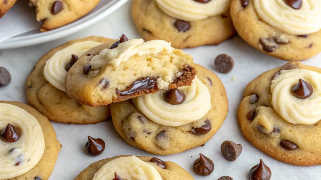 Chocolate chip cheesecake cookies topped with a swirl of cream cheese frosting and a single chocolate chip on each cookie.