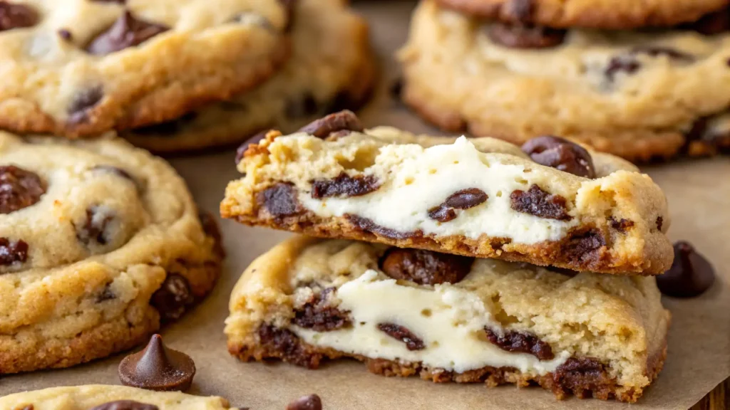 A close-up of a chocolate chip cheesecake cookie, showcasing a creamy cheesecake center surrounded by golden-brown cookie dough and chocolate chips.