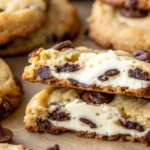 A close-up of a chocolate chip cheesecake cookie, showcasing a creamy cheesecake center surrounded by golden-brown cookie dough and chocolate chips.