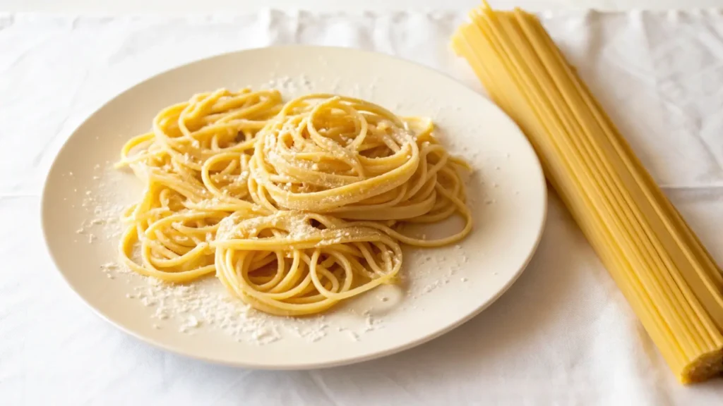 A plate of cooked Spaghetti topped with grated cheese, with raw spaghetti strands placed beside it on a white surface.