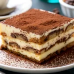 A plated serving of tiramisu with cocoa dusting on a white plate