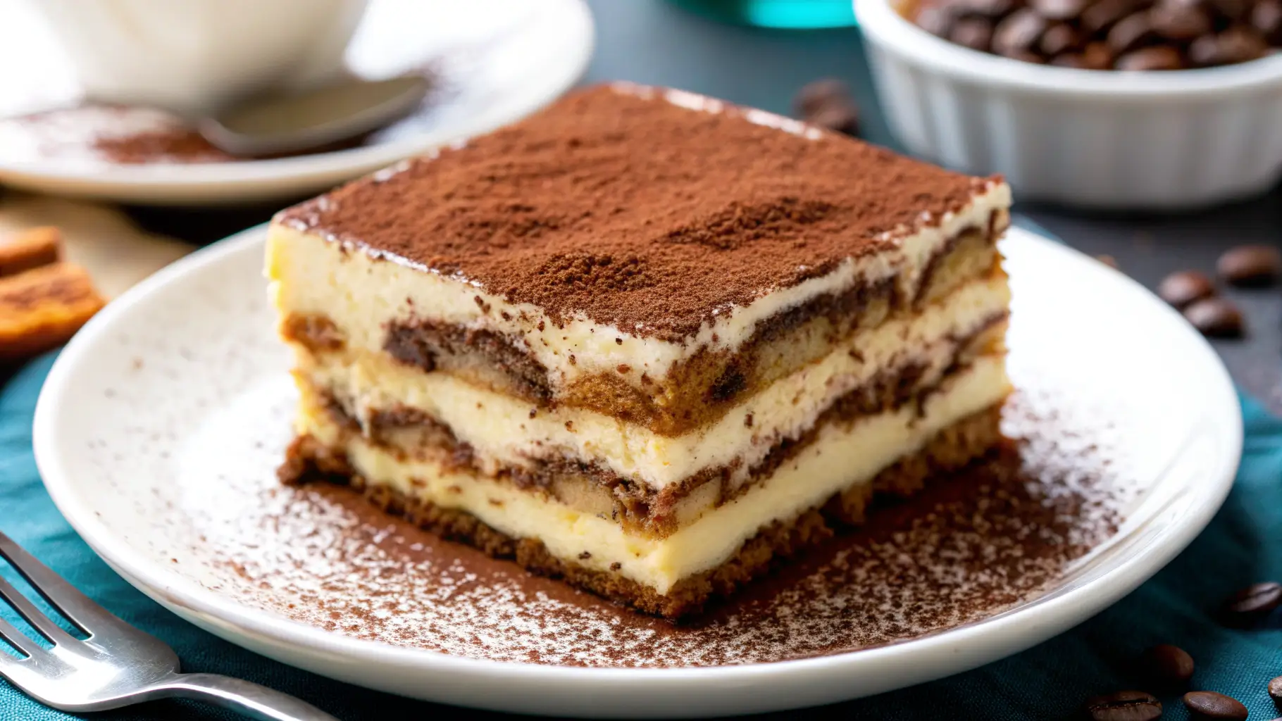 A plated serving of tiramisu with cocoa dusting on a white plate