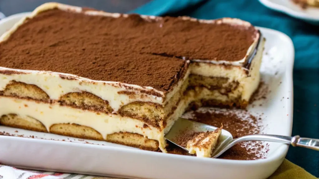 Sliced tiramisu showing layers of mascarpone cream and soaked ladyfingers