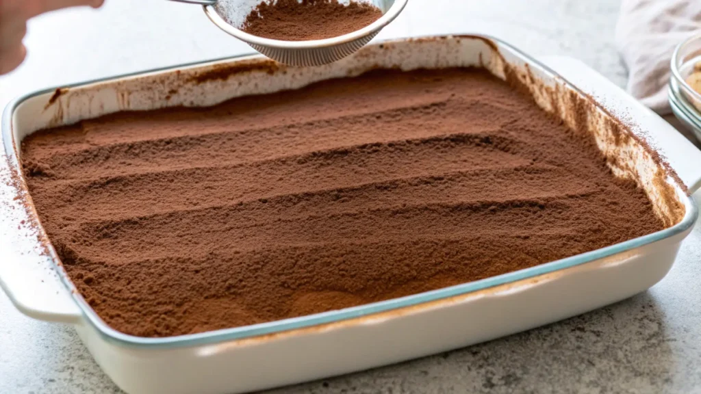 Freshly dusted tiramisu in a baking dish with cocoa powder topping