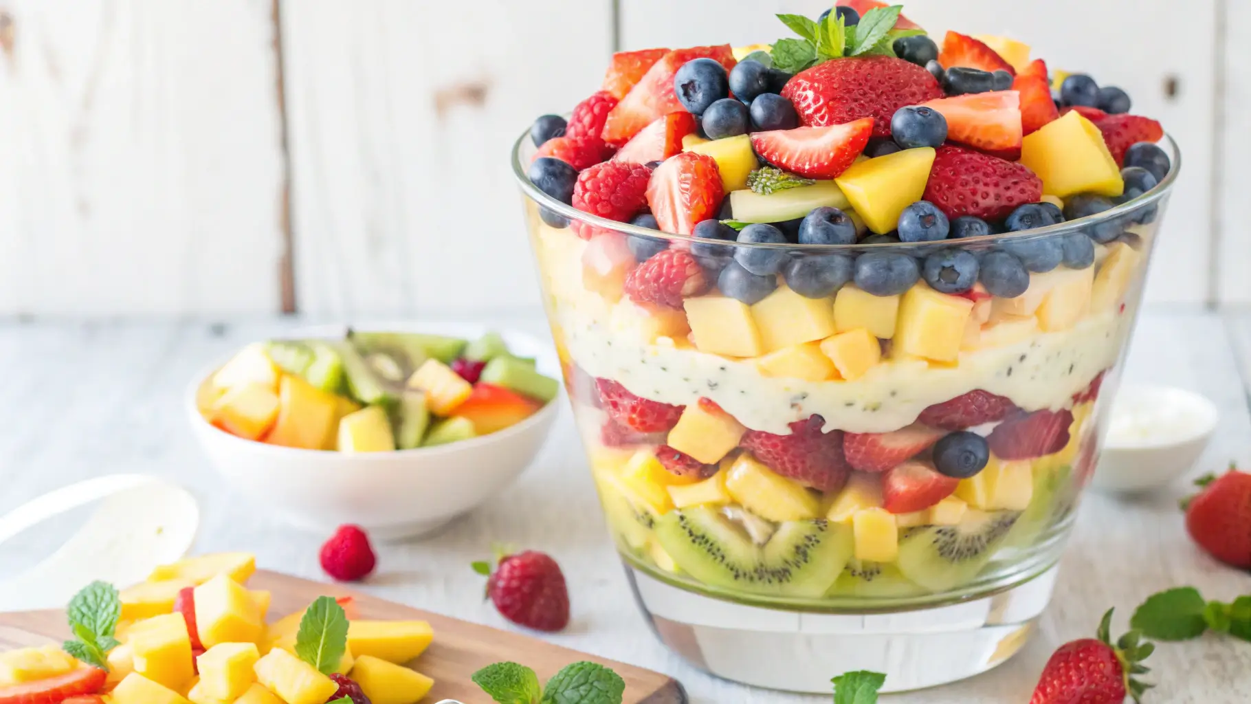 A layered fruit salad in a glass bowl featuring strawberries, blueberries, mangoes, and kiwis, topped with mint leaves.